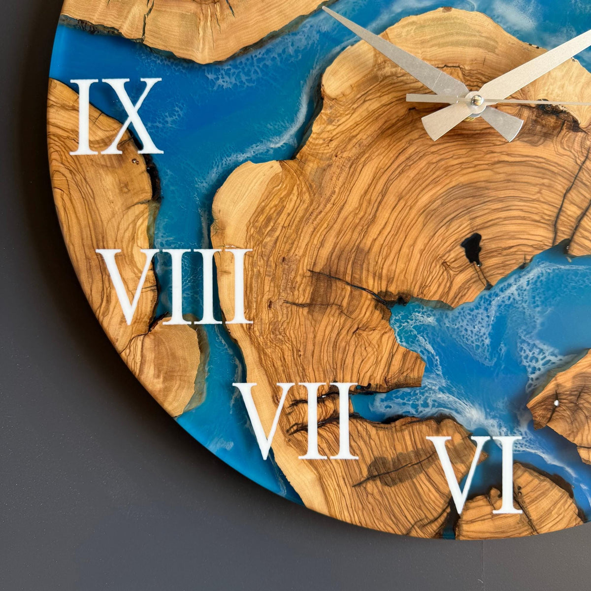 Olive Wood Epoxy Resin Wall Clock, Personalized Wooden Wall Clock: Ocean Resin Art