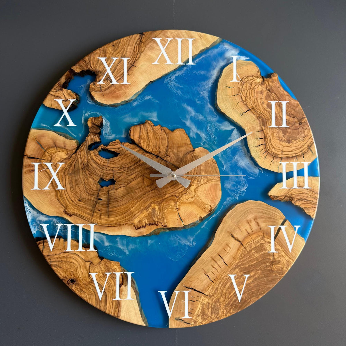 Olive Wood Epoxy Resin Wall Clock, Personalized Wooden Wall Clock: Ocean Resin Art