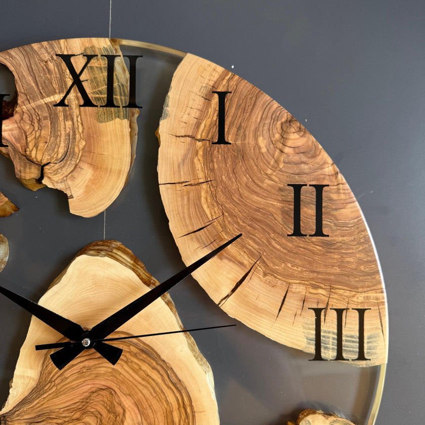 Clear Epoxy Resin and Olive Wood Wall Clock, Transparent Live Edge Olive Slice Art, Unique Modern Minimalist Home Decor Gift