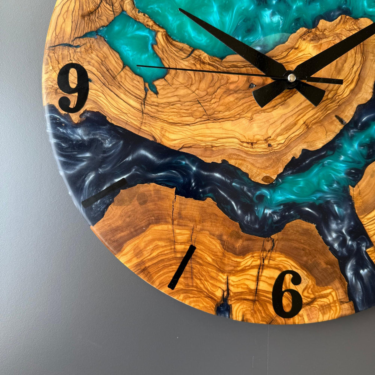 Epoxy Resin and Olive Wood Wall Clock | Live Edge Wood Slice Clock | Rustic Farmhouse Decor | Unique Handmade Modern Wall Clock