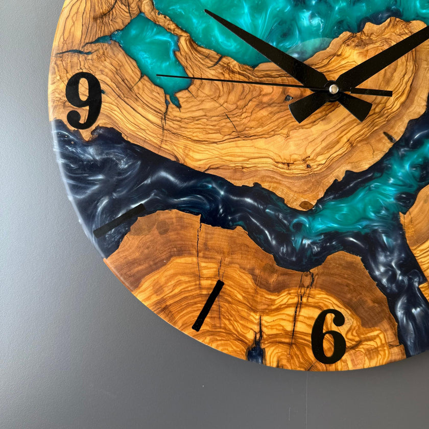Epoxy Resin and Olive Wood Wall Clock | Live Edge Wood Slice Clock | Rustic Farmhouse Decor | Unique Handmade Modern Wall Clock