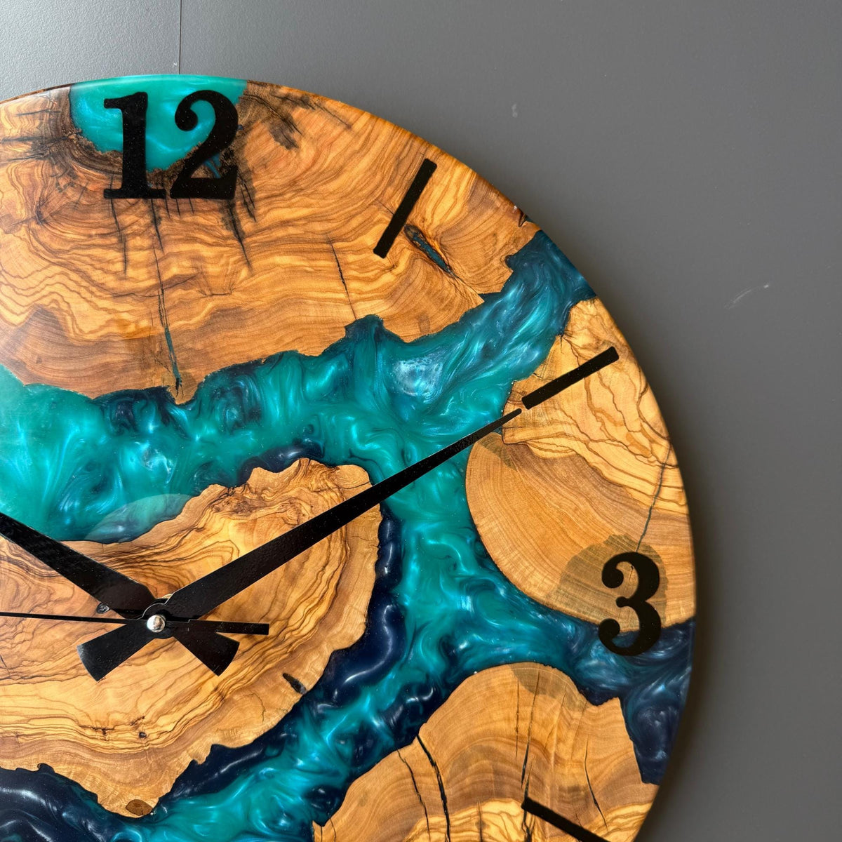 Epoxy Resin and Olive Wood Wall Clock | Live Edge Wood Slice Clock | Rustic Farmhouse Decor | Unique Handmade Modern Wall Clock