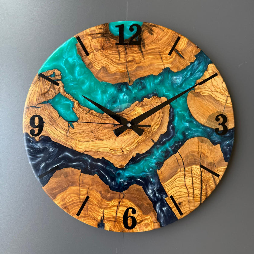 Epoxy Resin and Olive Wood Wall Clock | Live Edge Wood Slice Clock | Rustic Farmhouse Decor | Unique Handmade Modern Wall Clock