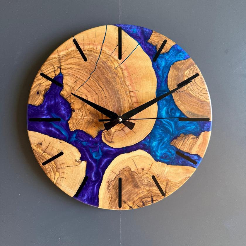 Olive Wood Epoxy Resin Wall Clock, Personalized Wooden Wall Clock: Modern Home Decor
