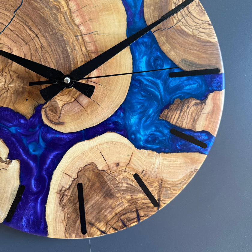 Olive Wood Epoxy Resin Wall Clock, Personalized Wooden Wall Clock: Modern Home Decor