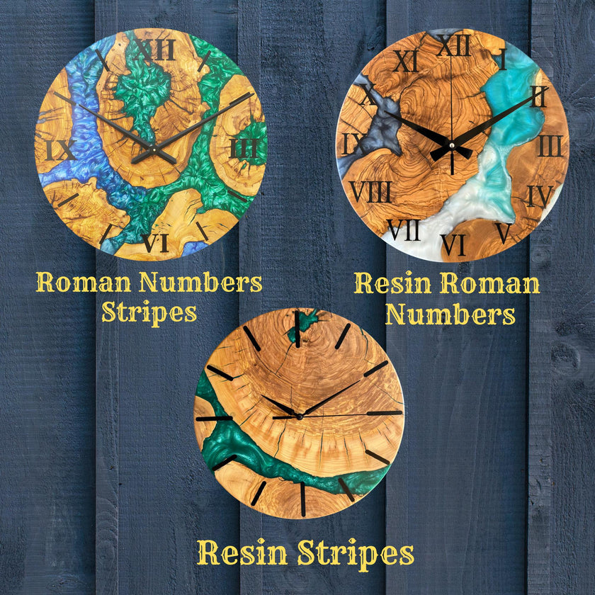 Large Epoxy Resin Olive Wood Wall Clock – Statement Wooden Wall Art, Handmade Unique Clock