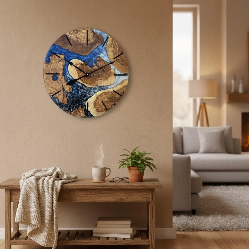 Oversized Epoxy Resin and Olive Wood Wall Clock, Large Live Edge Wood Art Clock: Home Decor (24'' - 40'')