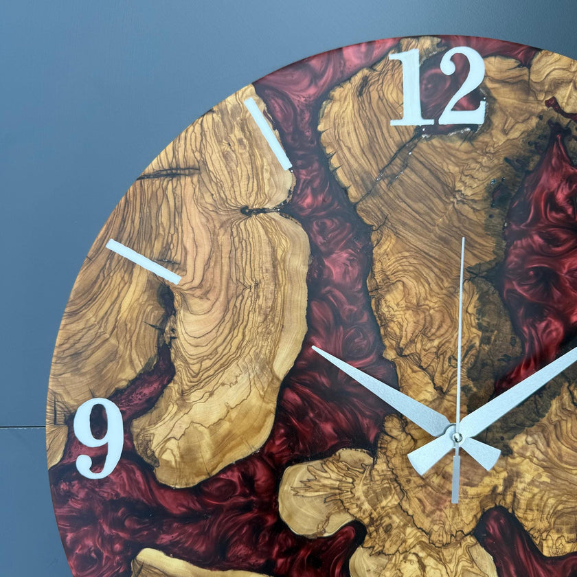 Epoxy Olive Wood Wall Clock, Resin Live Edge Clock, Modern Minimalist Natural Wood Art, Silent Large Home Decor