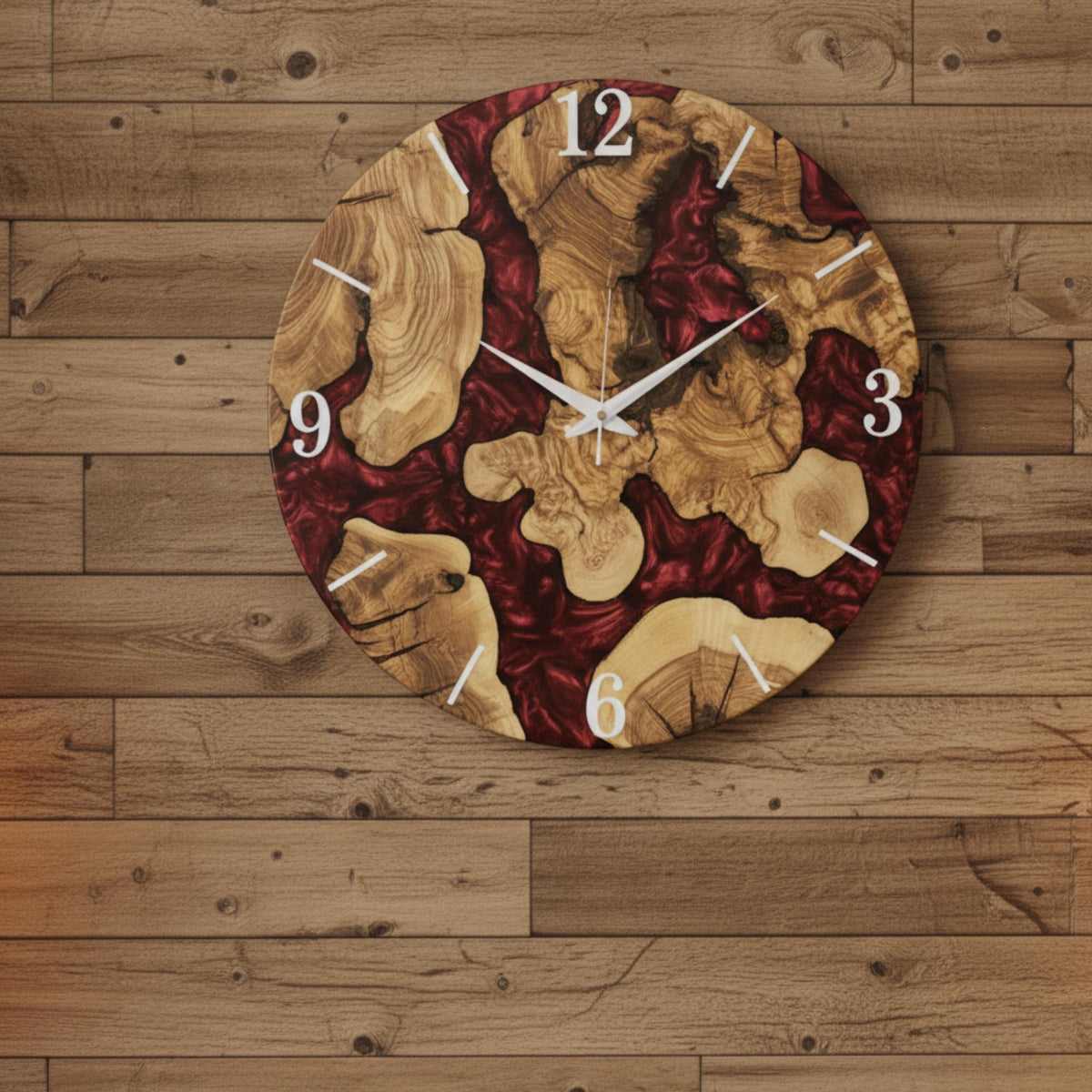 Epoxy Olive Wood Wall Clock, Resin Live Edge Clock, Modern Minimalist Natural Wood Art, Silent Large Home Decor
