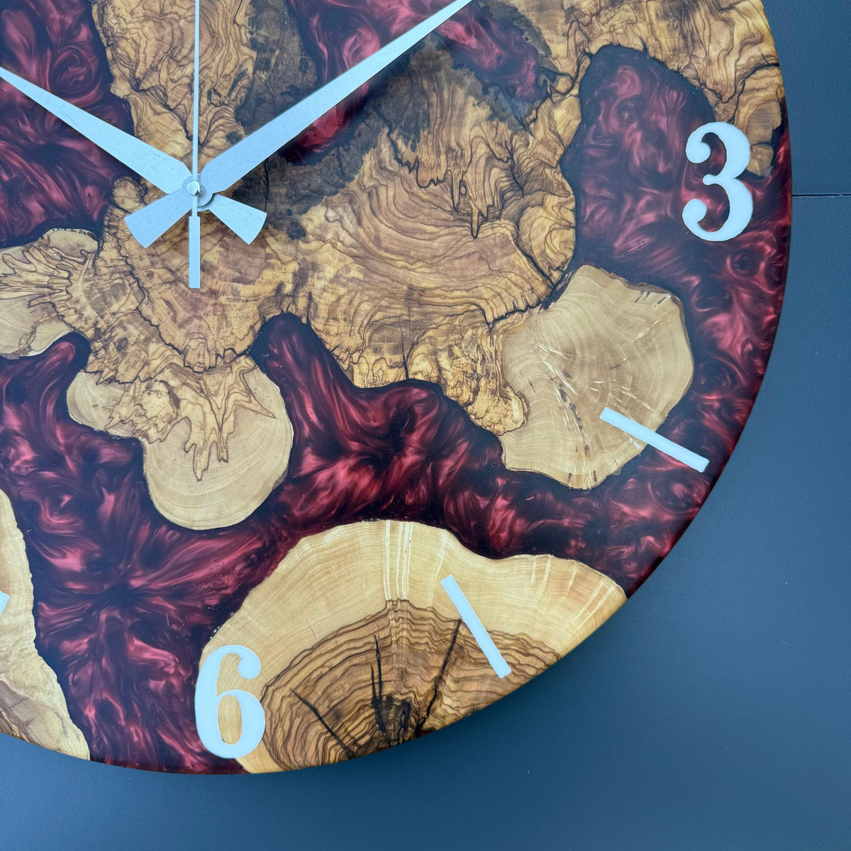 Epoxy Olive Wood Wall Clock, Resin Live Edge Clock, Modern Minimalist Natural Wood Art, Silent Large Home Decor