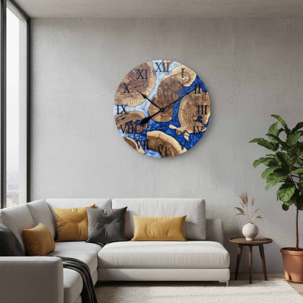Large Ocean Epoxy Clock with Roman Numerals | 24''- 40'' Olive Wood and Resin Wall Clock | Live Edge Coastal Decor
