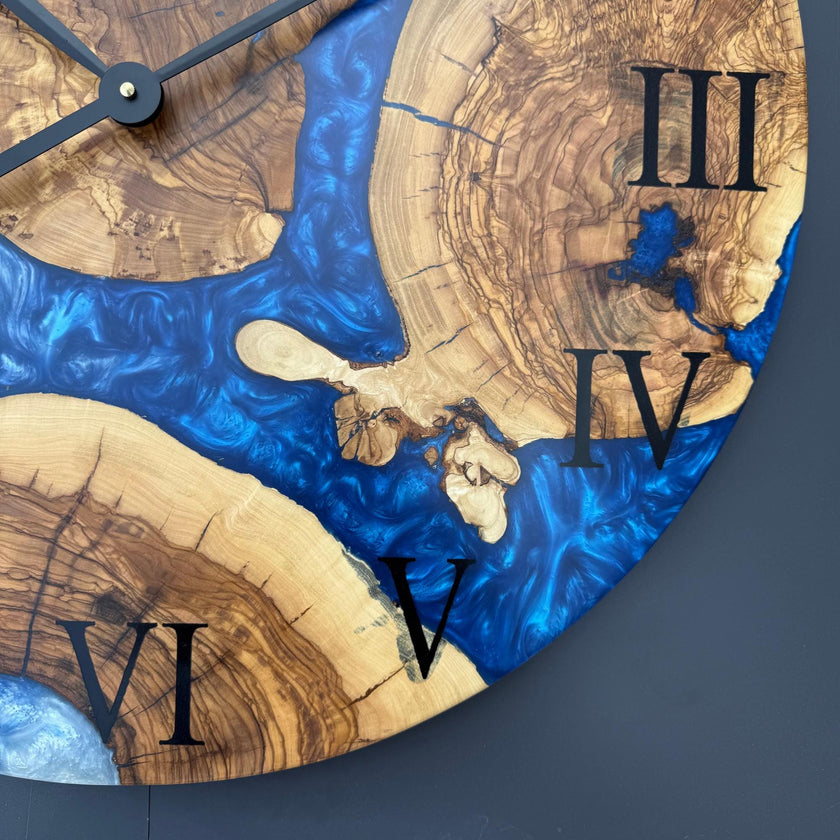 Large Ocean Epoxy Clock with Roman Numerals | 24''- 40'' Olive Wood and Resin Wall Clock | Live Edge Coastal Decor