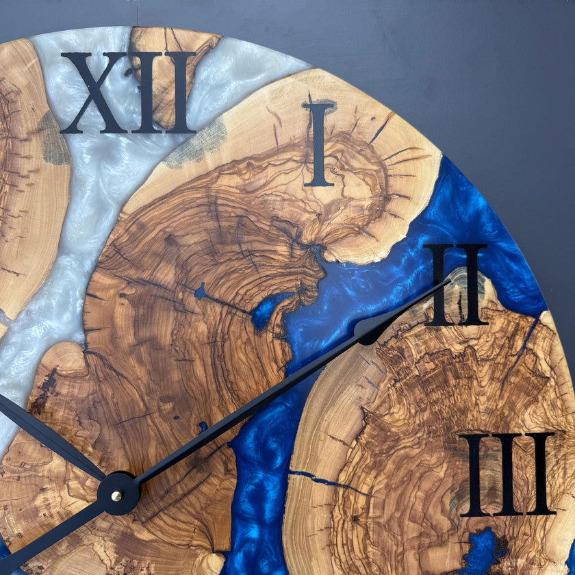 Large Ocean Epoxy Clock with Roman Numerals | 24''- 40'' Olive Wood and Resin Wall Clock | Live Edge Coastal Decor