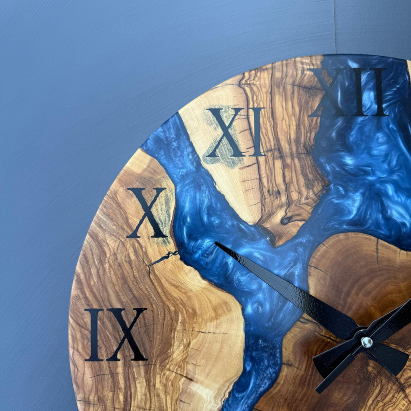 Epoxy Resin and Olive Wood Wall Clock | Live Edge Wooden Clock | Kitchen Wall Clock | Unique Handmade Modern Wall Clock