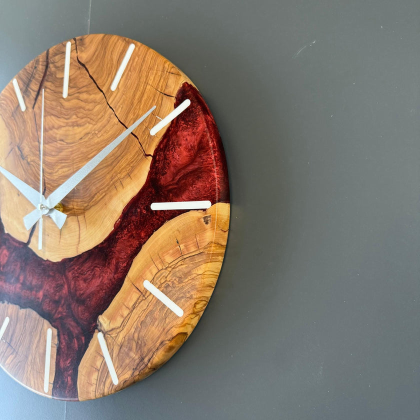 Olive Wood and Epoxy Wall Clock, Large Rustic Resin Clock: Unique Live Edge Olive Tree Slice Art