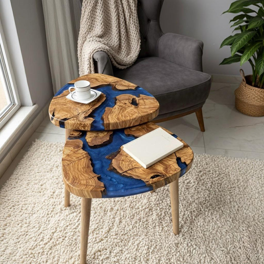 Handmade Olive Wood & Epoxy Nesting Tables, Modern Live Edge Coffee Table Set