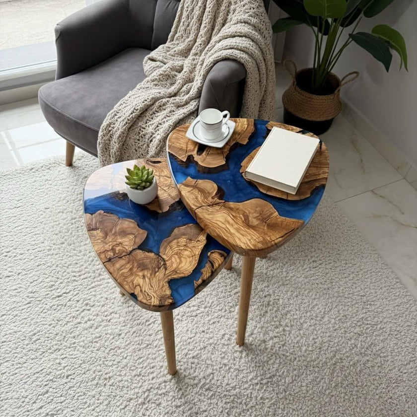 Handmade Olive Wood & Epoxy Nesting Tables, Modern Live Edge Coffee Table Set
