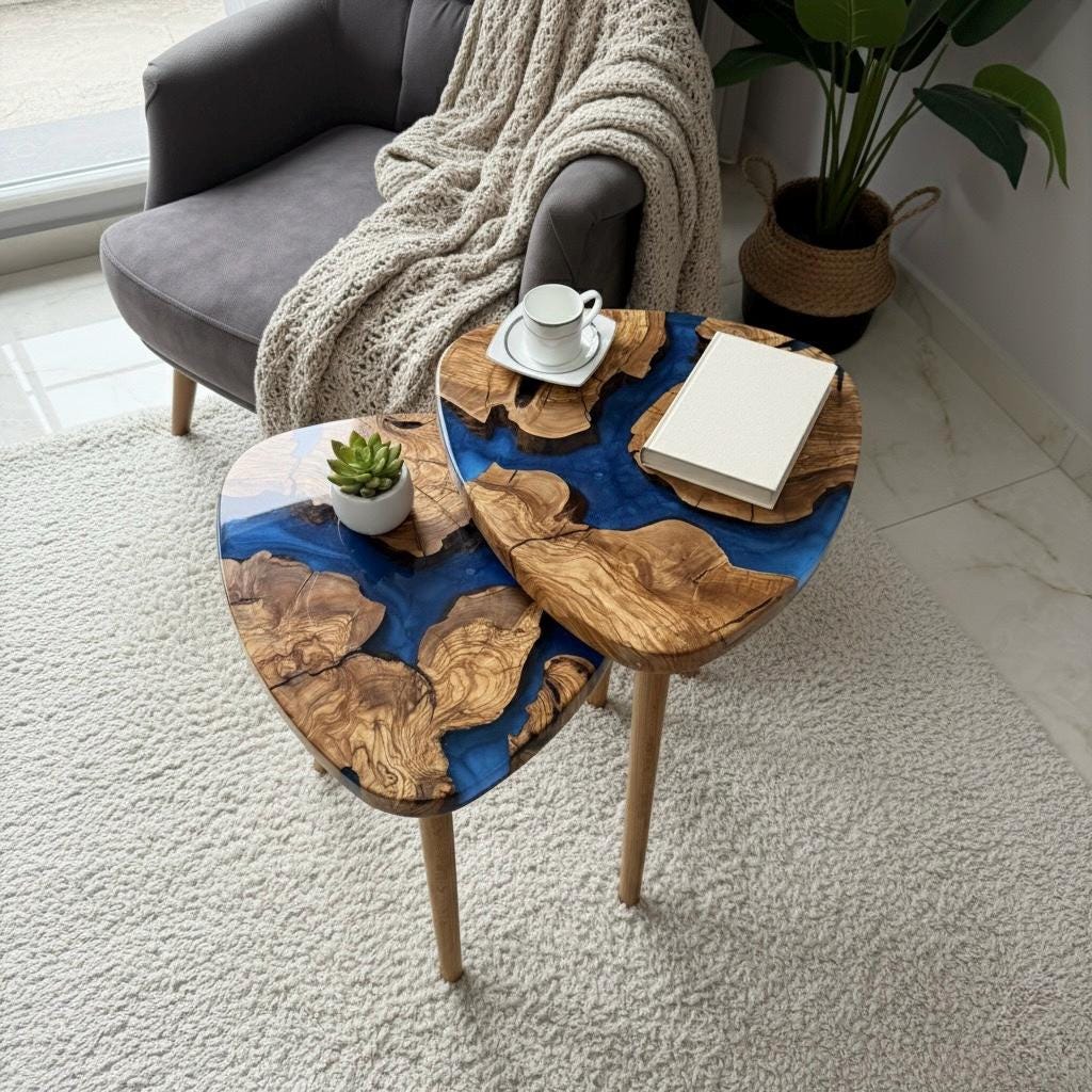 Handmade Olive Wood Epoxy Resin Nesting Tables – Luxury Side Tables for Modern Living Room