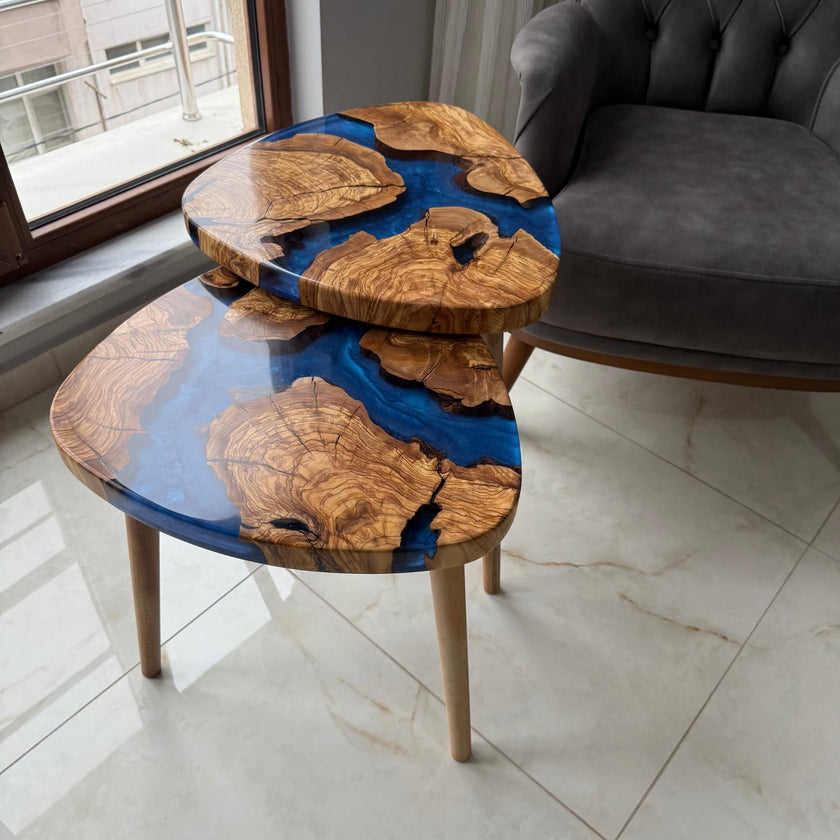 Handmade Olive Wood & Epoxy Nesting Tables, Modern Live Edge Coffee Table Set