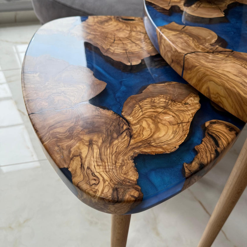 Handmade Olive Wood & Epoxy Nesting Tables, Modern Live Edge Coffee Table Set