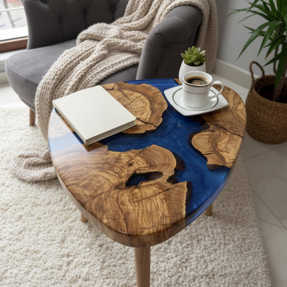 Olive Wood Epoxy Side Table: Handmade Live Edge Accent Table