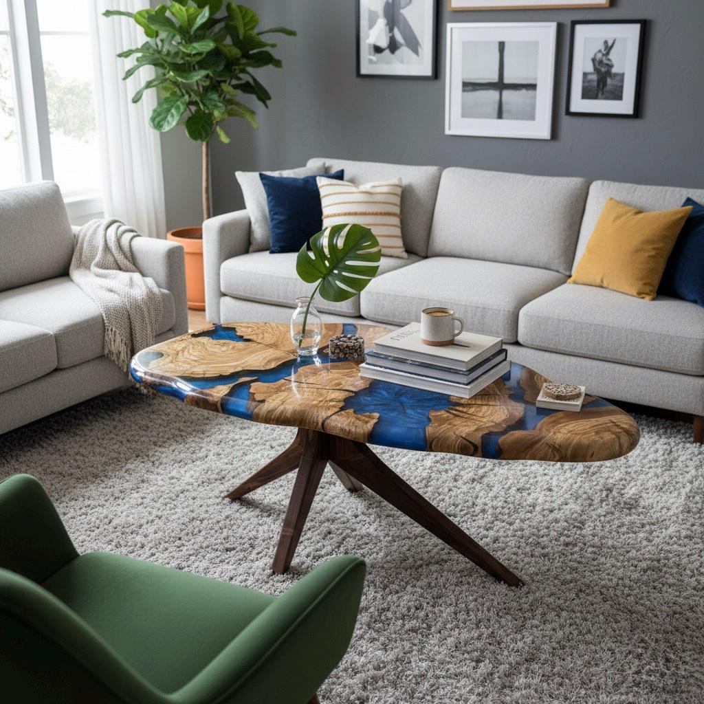 Large Olive Wood Epoxy Coffee Table | Modern Live Edge Centerpiece | Custom Solid Wood Furniture
