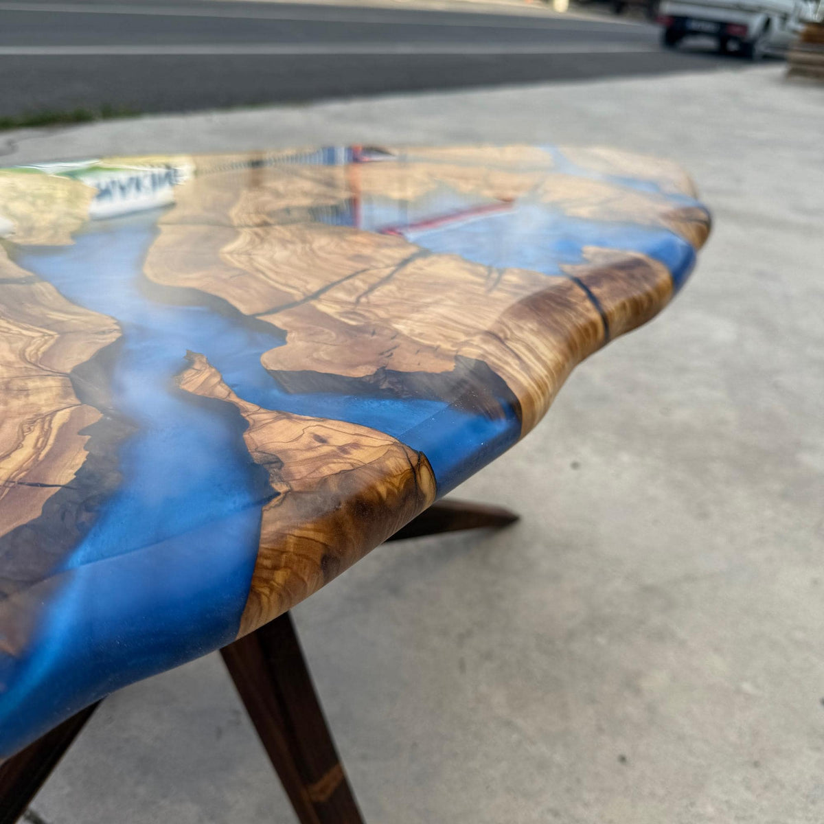 Large Olive Wood Epoxy Coffee Table | Modern Live Edge Centerpiece | Custom Solid Wood Furniture