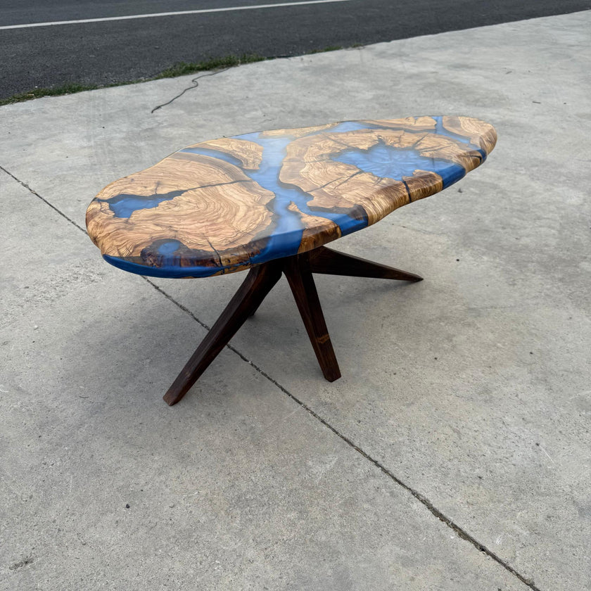 Large Olive Wood Epoxy Coffee Table | Modern Live Edge Centerpiece | Custom Solid Wood Furniture