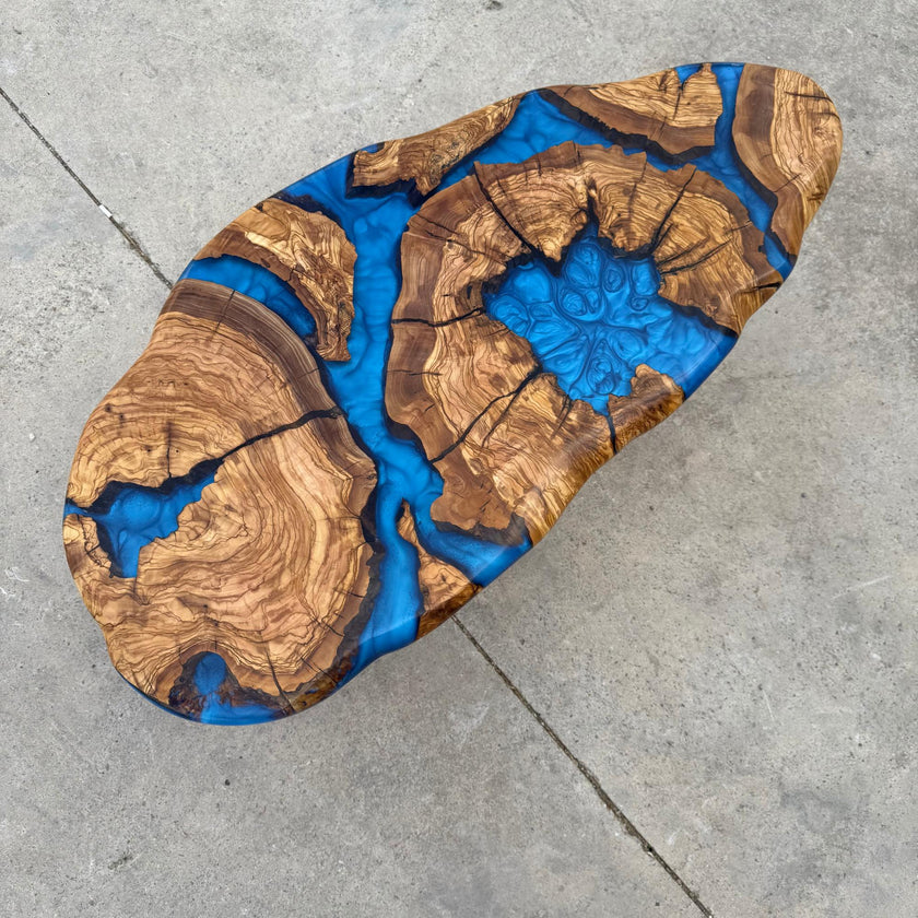 Large Olive Wood Epoxy Coffee Table | Modern Live Edge Centerpiece | Custom Solid Wood Furniture