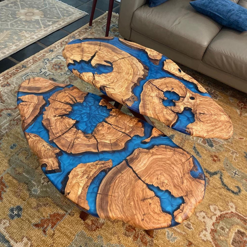 Large Olive Wood Epoxy Coffee Table | Modern Live Edge Centerpiece | Custom Solid Wood Furniture