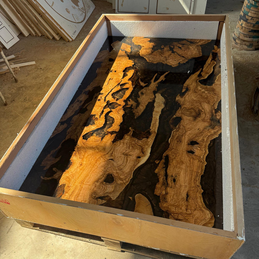 Personalized Epoxy Dining Table, Live Edge Resin Table: Modern Solid Olive Wood Furniture