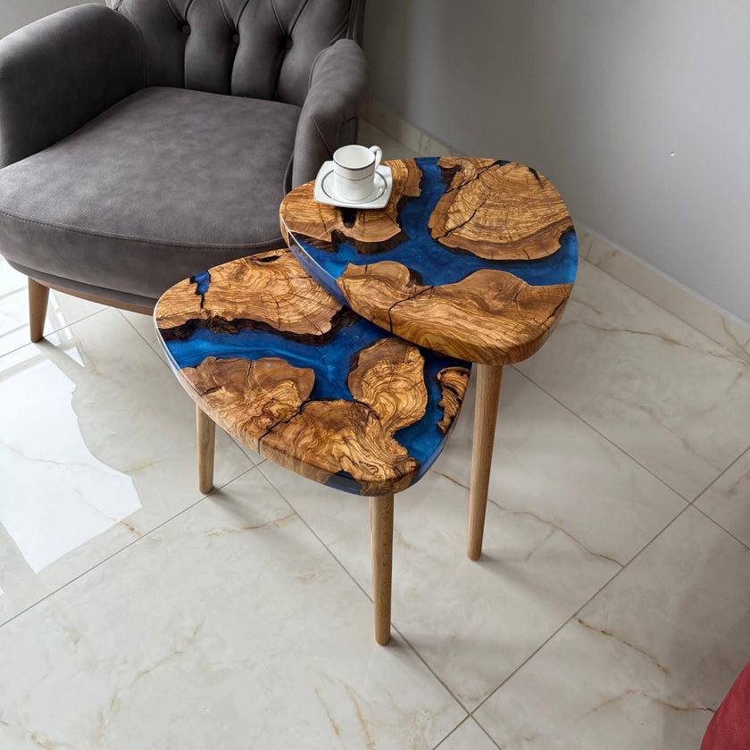 Handmade Olive Wood & Epoxy Nesting Tables, Modern Live Edge Coffee Table Set