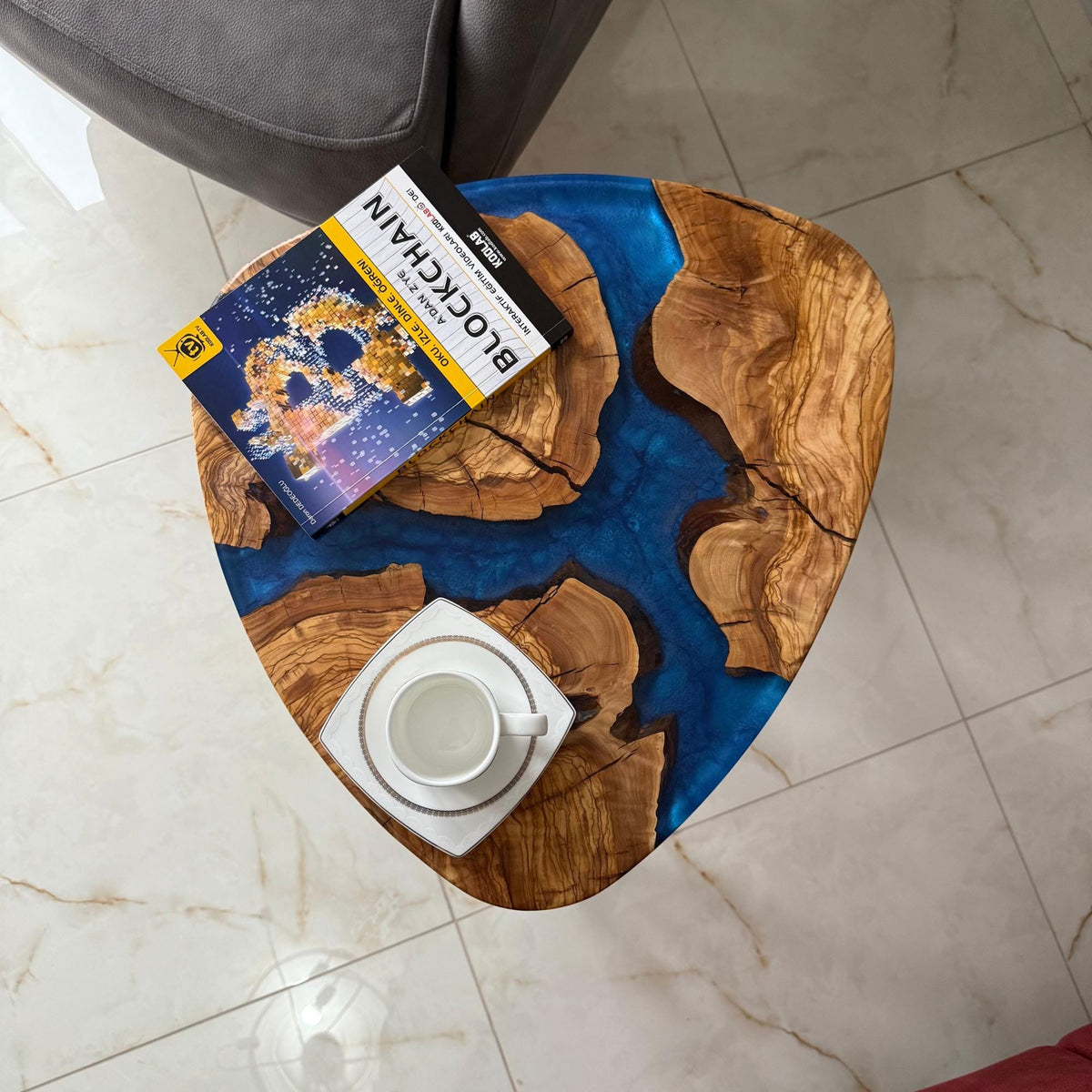 Olive Wood Epoxy Side Table: Handmade Live Edge Accent Table