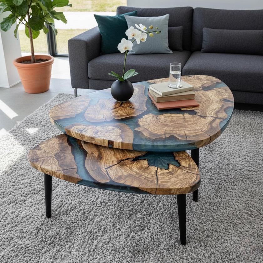 Epoxy Olive Wood Coffee Table: Custom Resin River End Table, Handmade Rustic Home Decor