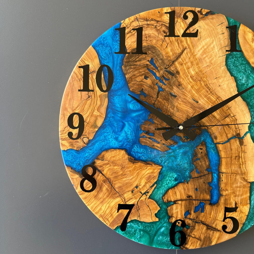 Handmade Olive Wood & Epoxy Wall Clock – Natural Modern Home Decor – Silent Mechanism