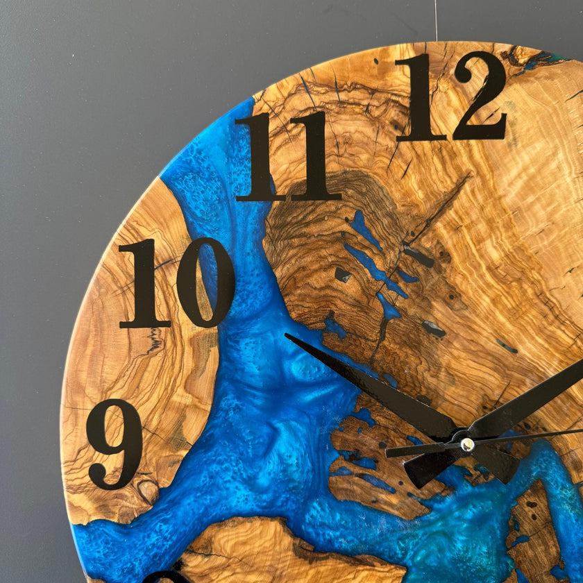Handmade Olive Wood & Epoxy Wall Clock – Natural Modern Home Decor – Silent Mechanism