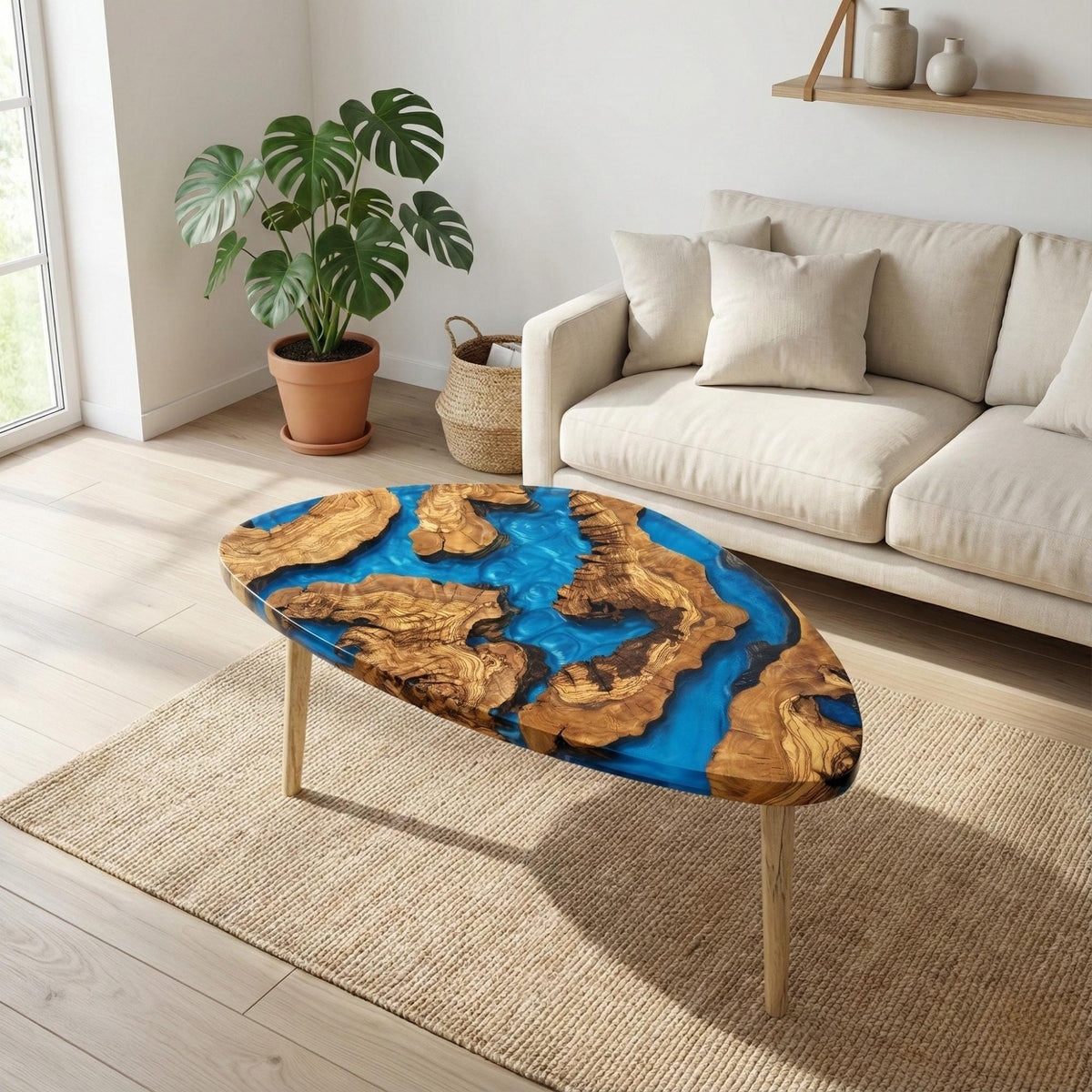 Handmade Olive Wood Epoxy Center Table | Modern Live Edge Resin Coffee Table