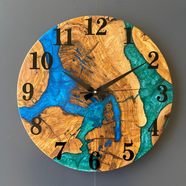 Handmade Olive Wood & Epoxy Wall Clock – Natural Modern Home Decor – Silent Mechanism