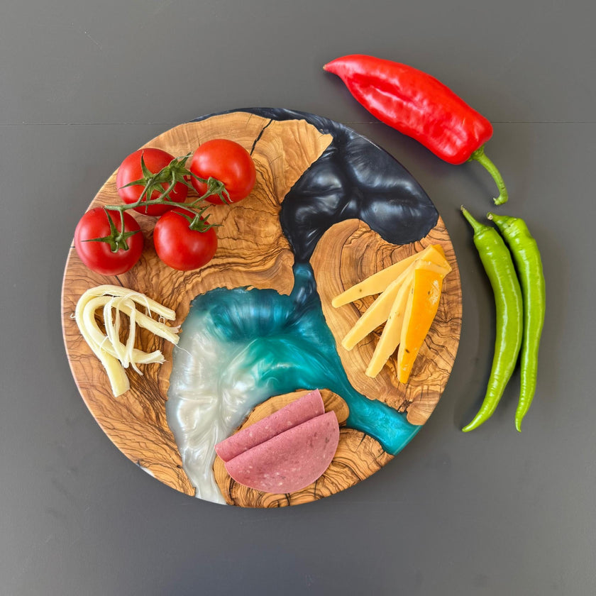 Round Charcuterie Board, Olive Wood Serving Tray, Cheese Platter, Rustic Kitchen Gift