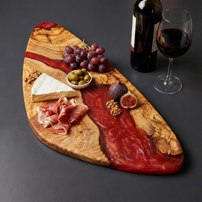 Modern Olive Wood Charcuterie Board | Organic Oval Serving Plate | Handmade Epoxy Resin Cheese Board | Unique Kitchen Gift