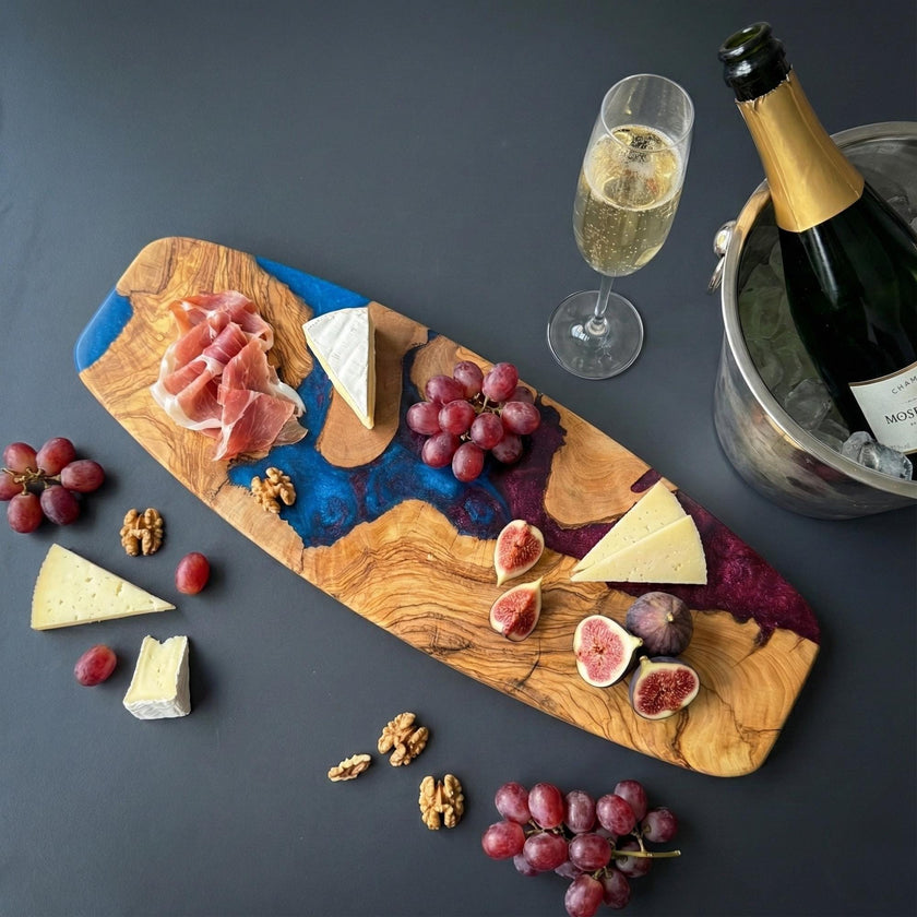 Olive Wood Epoxy Charcuterie Board, Grazing Board, Wine Snack Platter