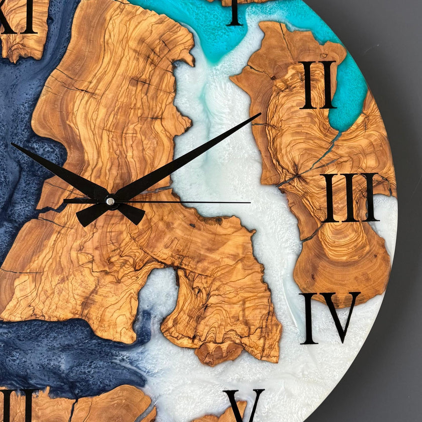Epoxy Resin & Olive Wood Wall Clock | Handmade Modern Art Clock | Unique Gift for Home and Office