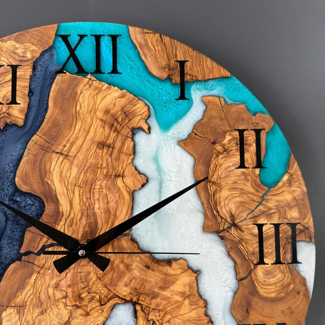 Epoxy Resin & Olive Wood Wall Clock | Handmade Modern Art Clock | Unique Gift for Home and Office