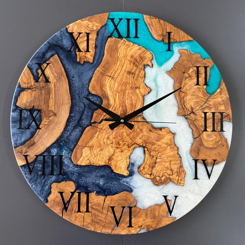 Epoxy Resin & Olive Wood Wall Clock | Handmade Modern Art Clock | Unique Gift for Home and Office