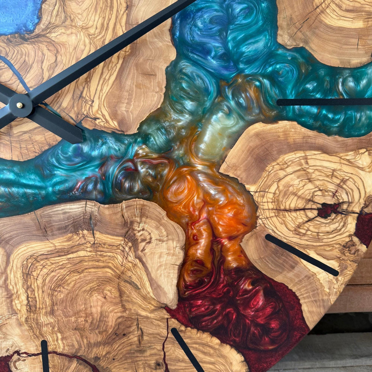 Chakra Inspired Epoxy & Olive Wood Wall Clock | Handmade Colorful Resin Art | Spiritual Home Decor