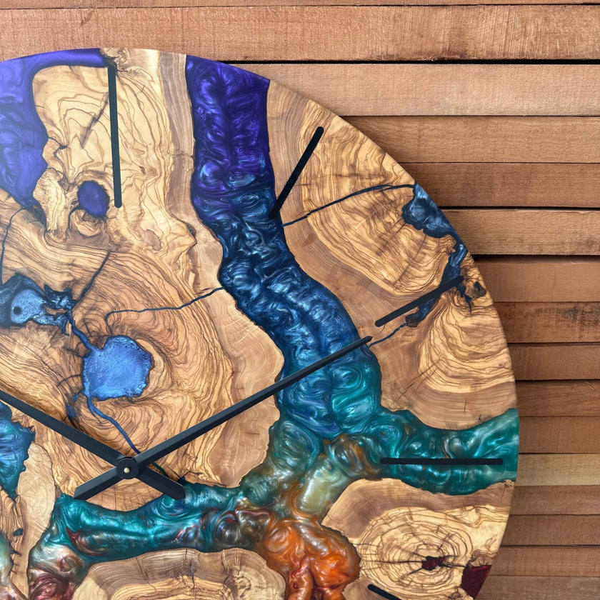 Chakra Inspired Epoxy & Olive Wood Wall Clock | Handmade Colorful Resin Art | Spiritual Home Decor
