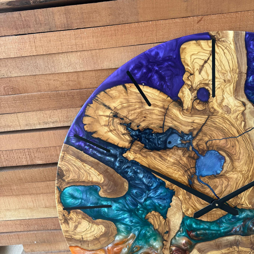Chakra Inspired Epoxy & Olive Wood Wall Clock | Handmade Colorful Resin Art | Spiritual Home Decor