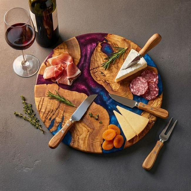 Round Charcuterie Board, Olive Wood Grazing Board, Cheese Platter, Rustic Kitchen Gift