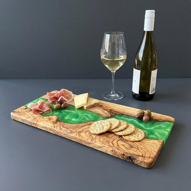 Handmade Olive Wood Charcuterie Board with Epoxy Resin – Artisan Cheese Board – Wooden Serving Platter