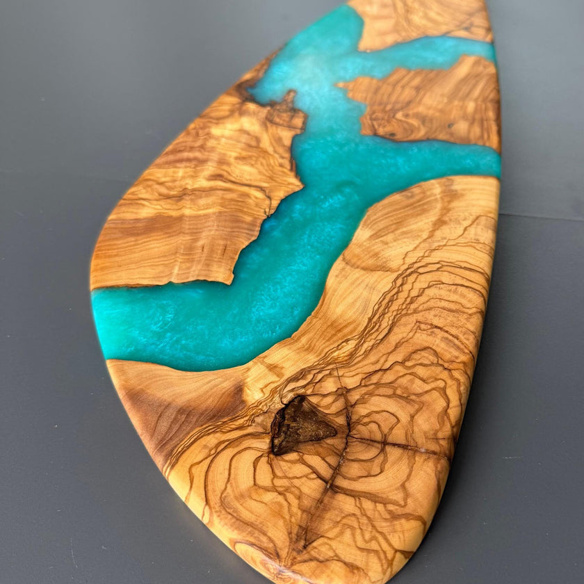 Turquoise Epoxy Olive Wood Charcuterie Board, Handmade Cheese Board, Grazing Platter